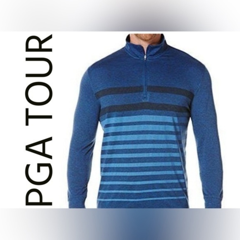 PGA TOUR Light & Dark Blue 1/4 Zip Pullover XXL Performance Striped Golf Shirt
